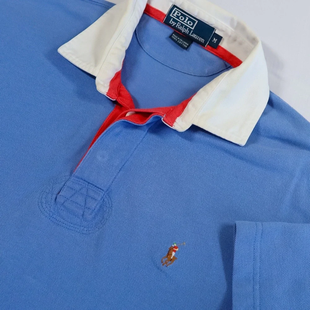 Polo Ralph Lauren Rugby Shirt‎ Mens M Blue White Twill Collar Flesh Pony Preppy